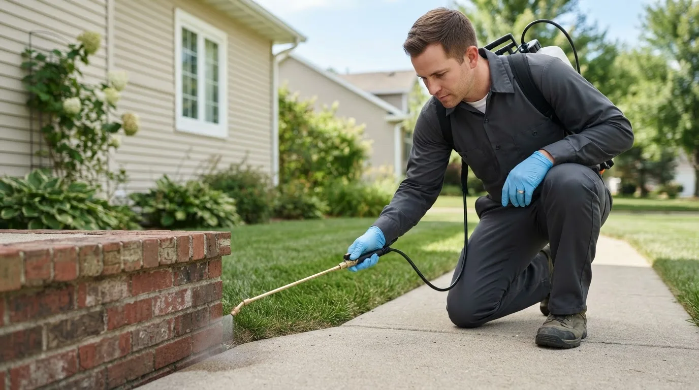 Pest control technician treating a home near Wathena, KS